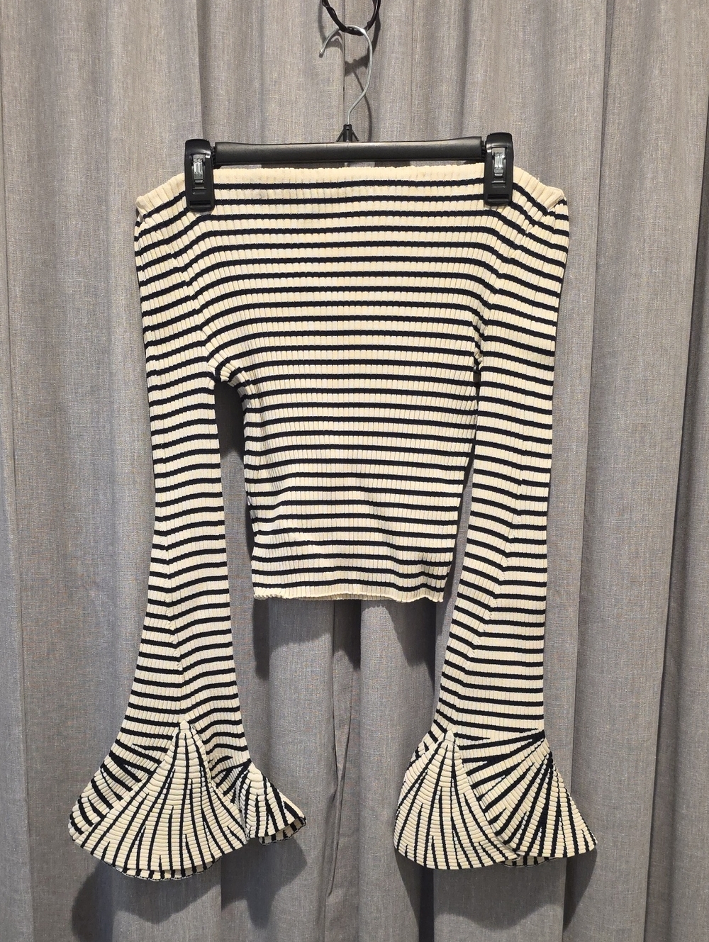 Amazon Cream and Navy Blue Striped Off-Shoulder Stretch Bell Sleeve Top